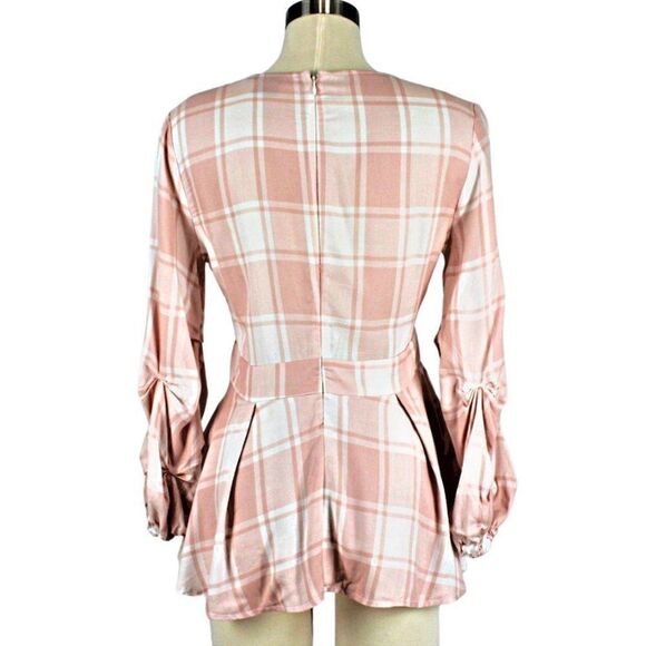Top Pink Ruffle Buffalo Check Hi-Low Hem Peplum Waist Back Zip XS SOHO NY & CO - Picture 4 of 9